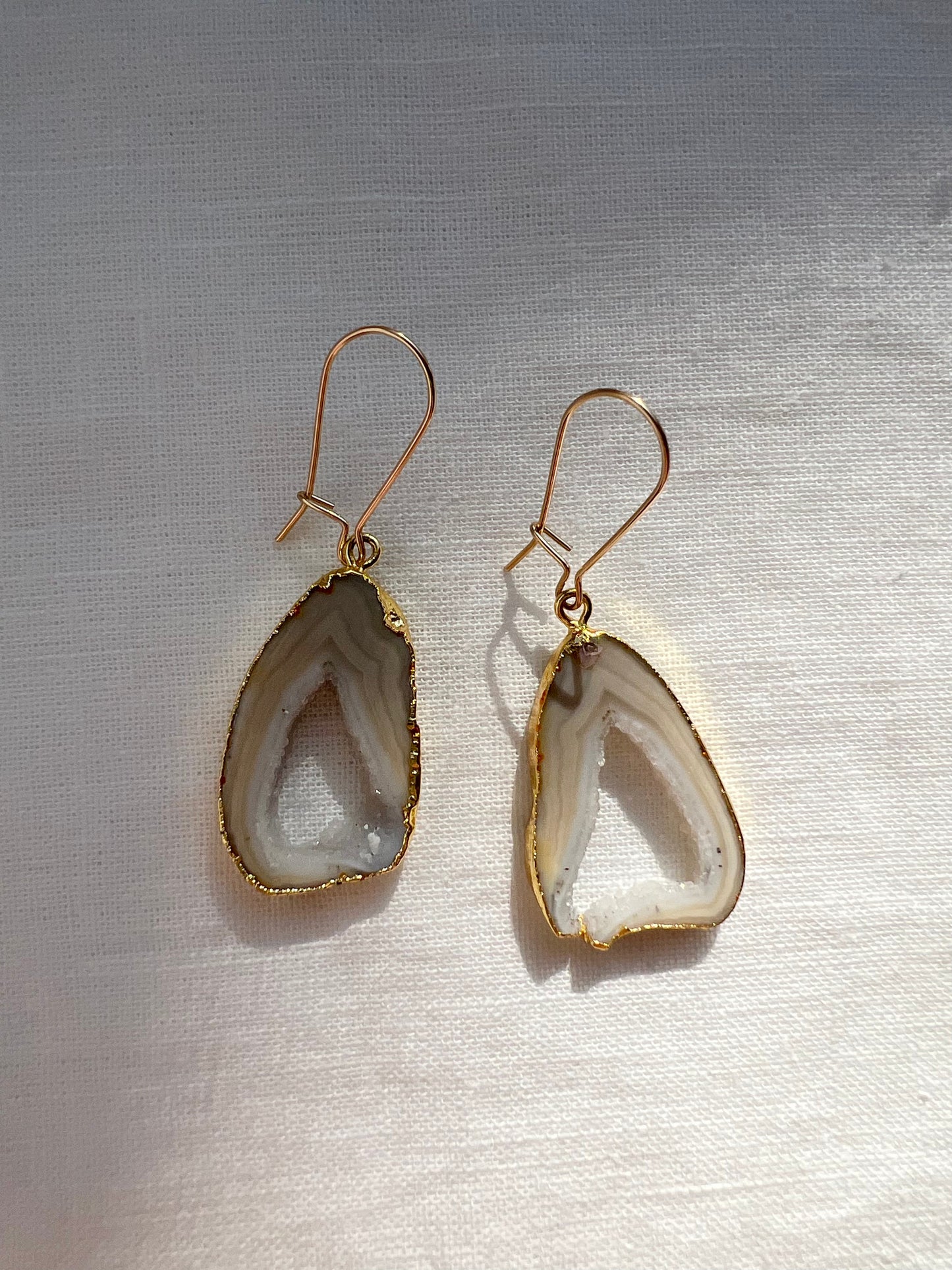 Grey Shakti Earrings, Open Geode Agate Slice Drops in Gold