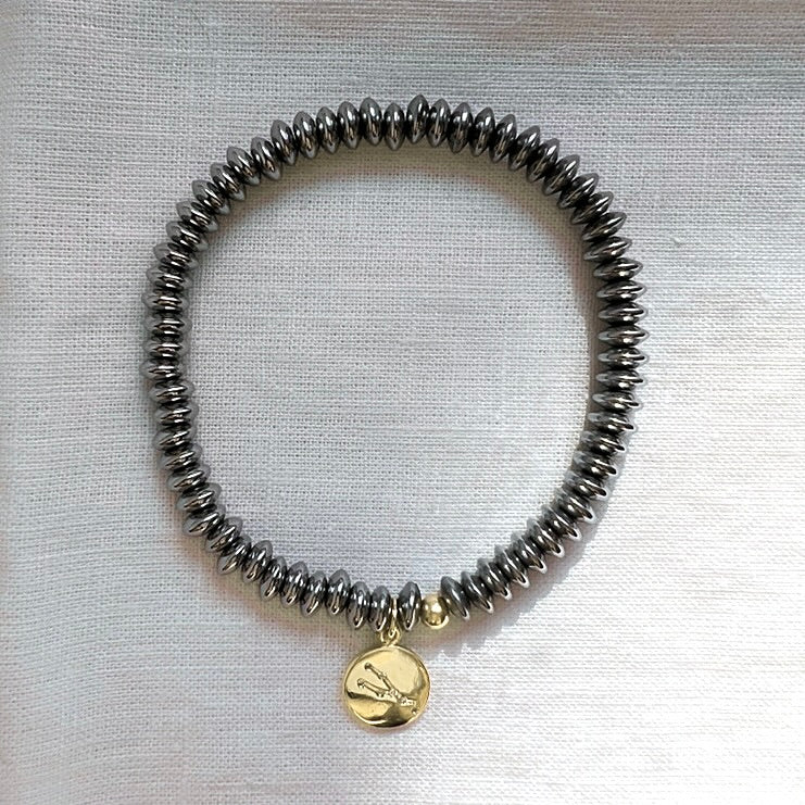 Zodiac Constellation Bracelet, Platinum Hematite with Gold Star Sign Charm