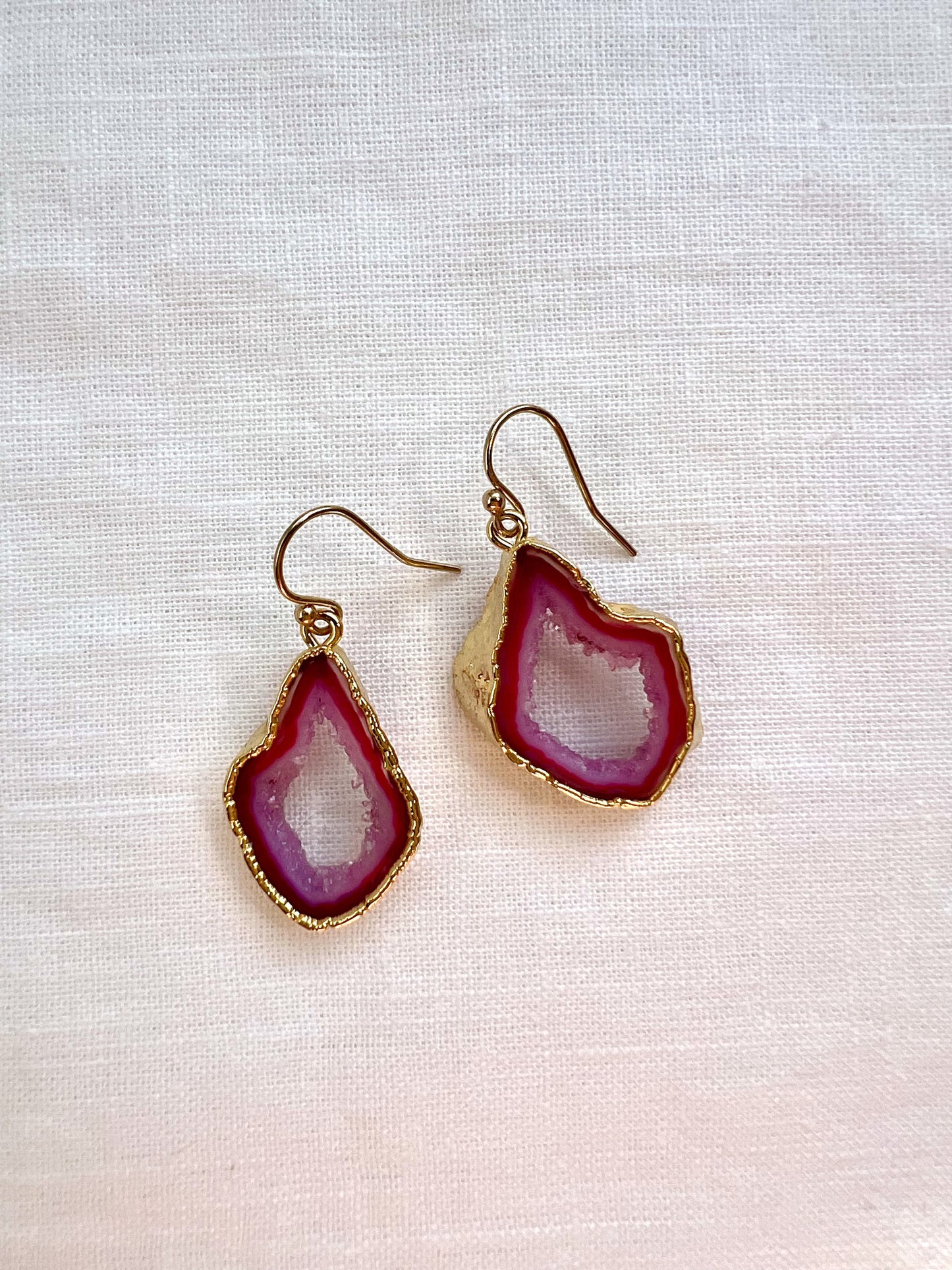 Pink Shakti Earrings, Agate Slice Geode Drops Edged in Gold
