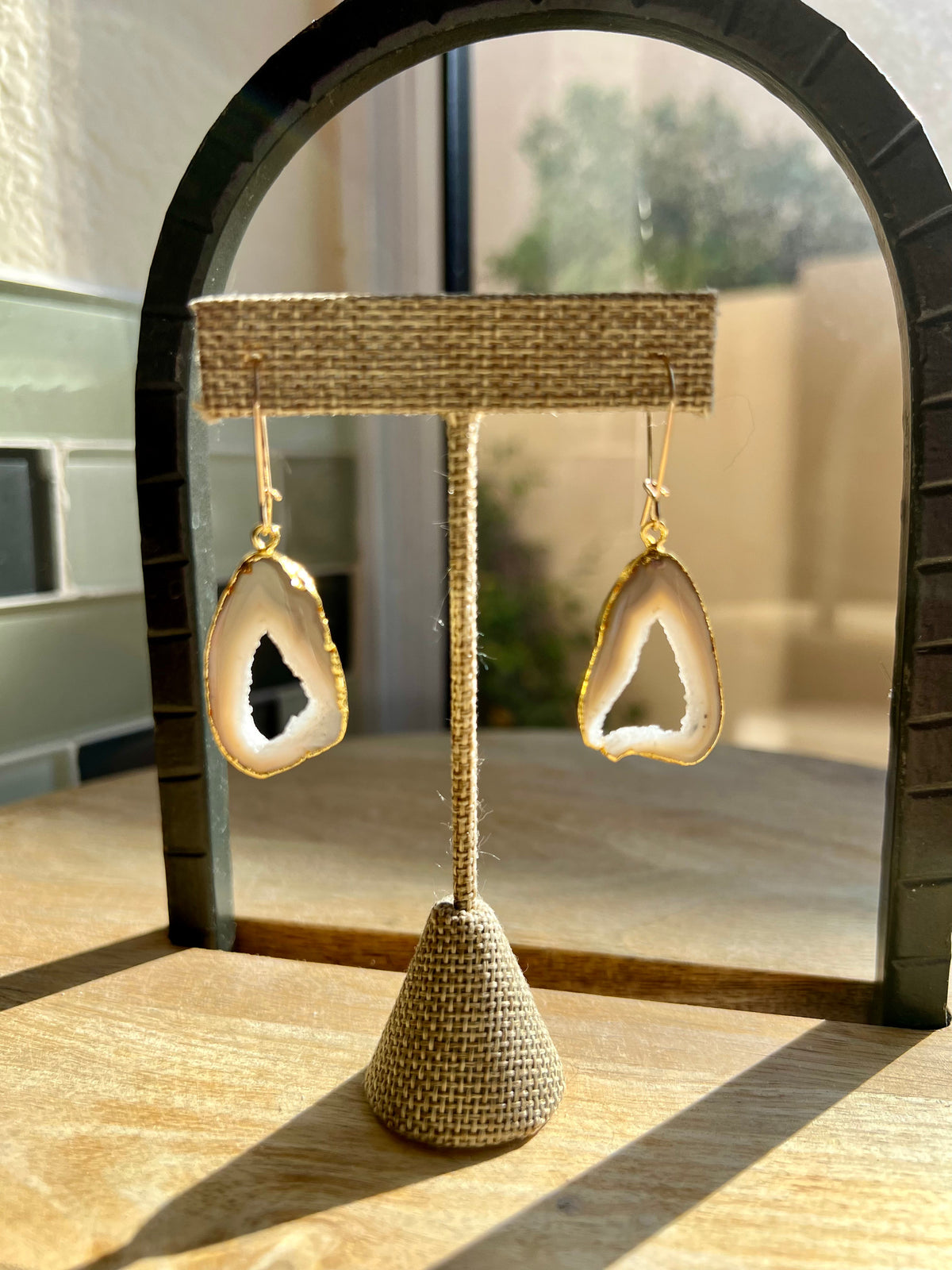 Grey Shakti Earrings, Open Geode Agate Slice Drops in Gold