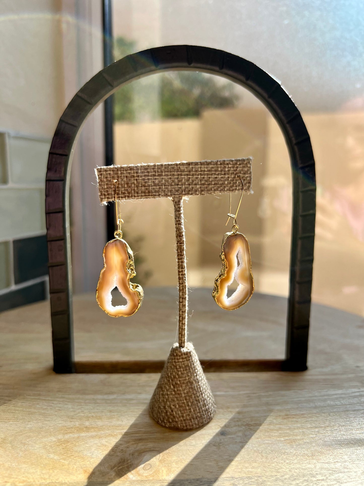 Cream and Beige Shakti Earrings, Agate Slice Geode Drops on Long Gold Wires