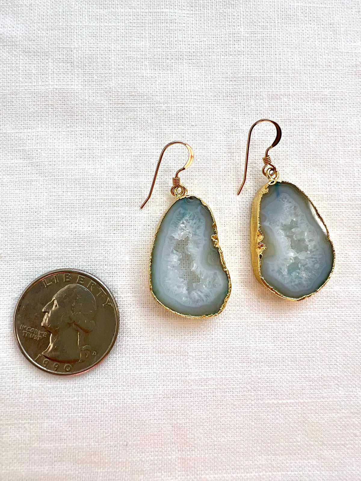 Pale Green Shakti Earrings, Agate Slice Geode Drops Edged in Gold