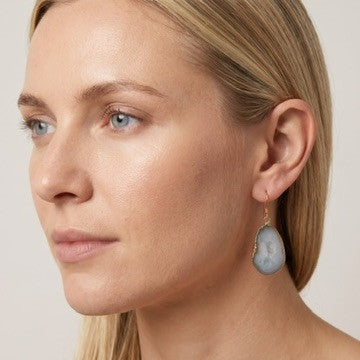 Pale Green Shakti Earrings, Agate Slice Geode Drops Edged in Gold