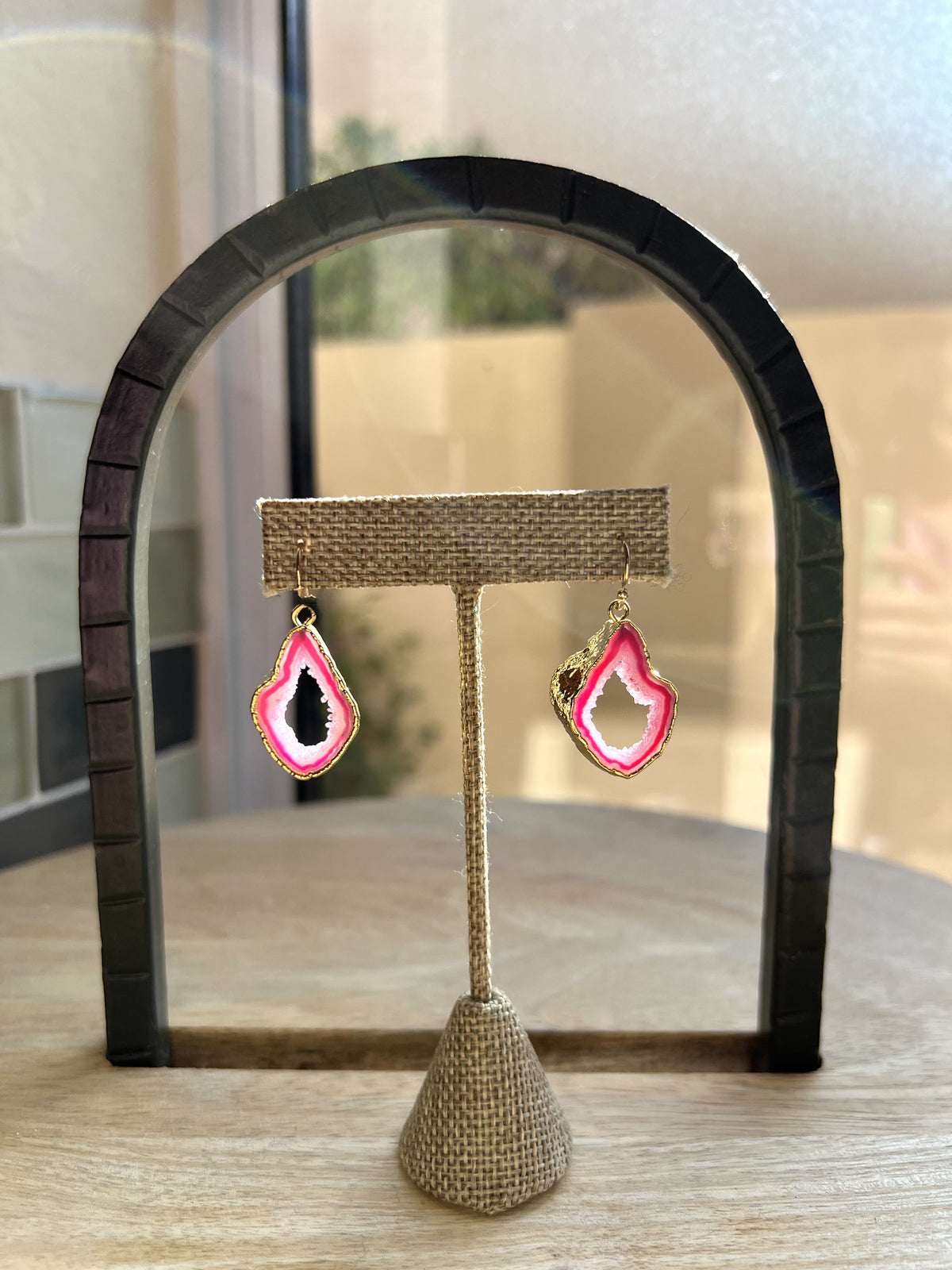 Pink Shakti Earrings, Agate Slice Geode Drops Edged in Gold