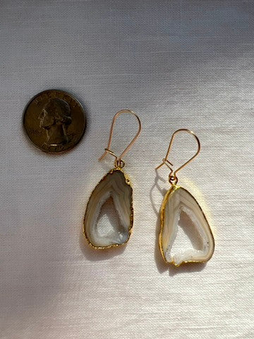 Grey Shakti Earrings, Open Geode Agate Slice Drops in Gold