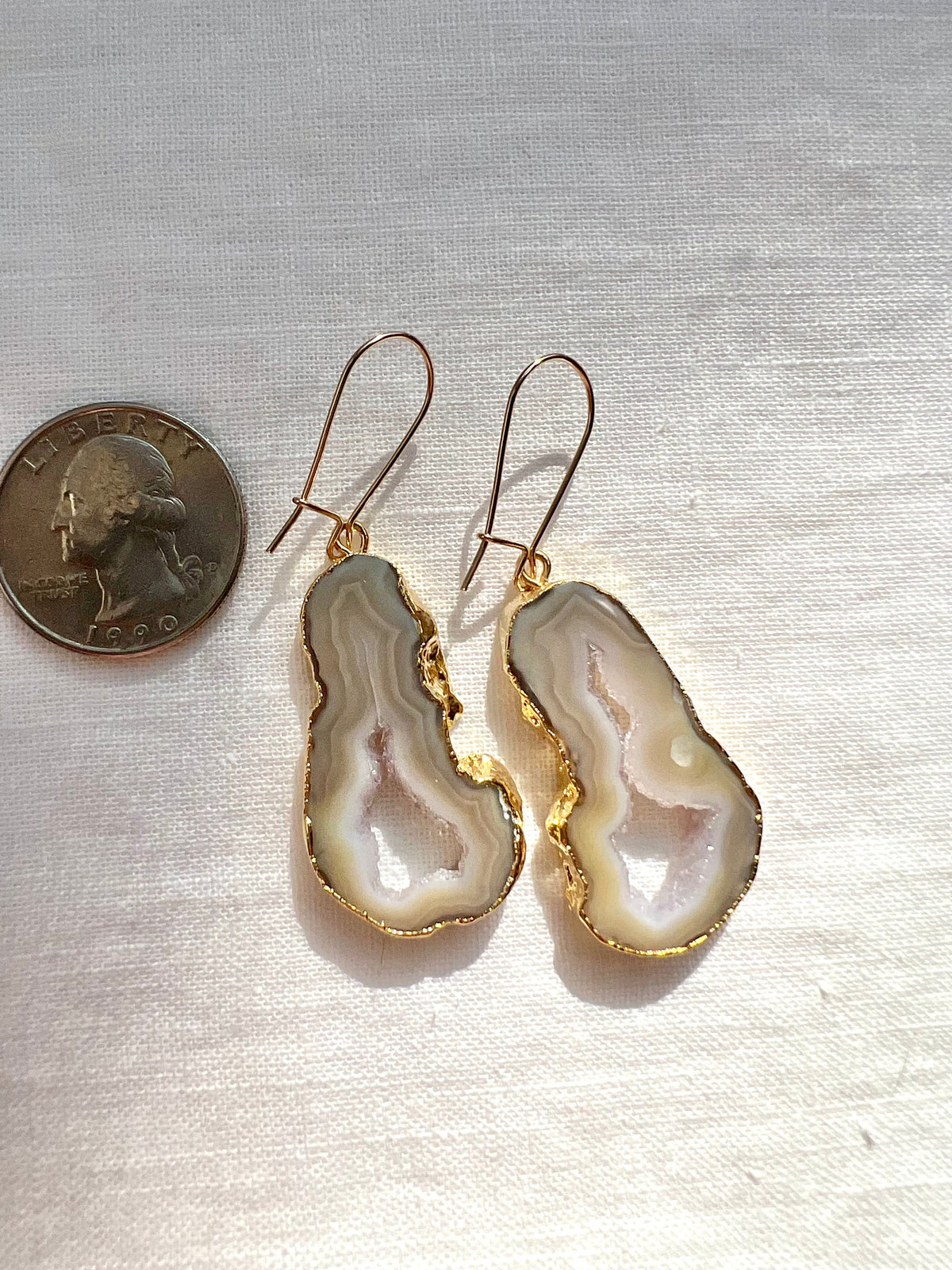 Cream and Beige Shakti Earrings, Agate Slice Geode Drops on Long Gold Wires