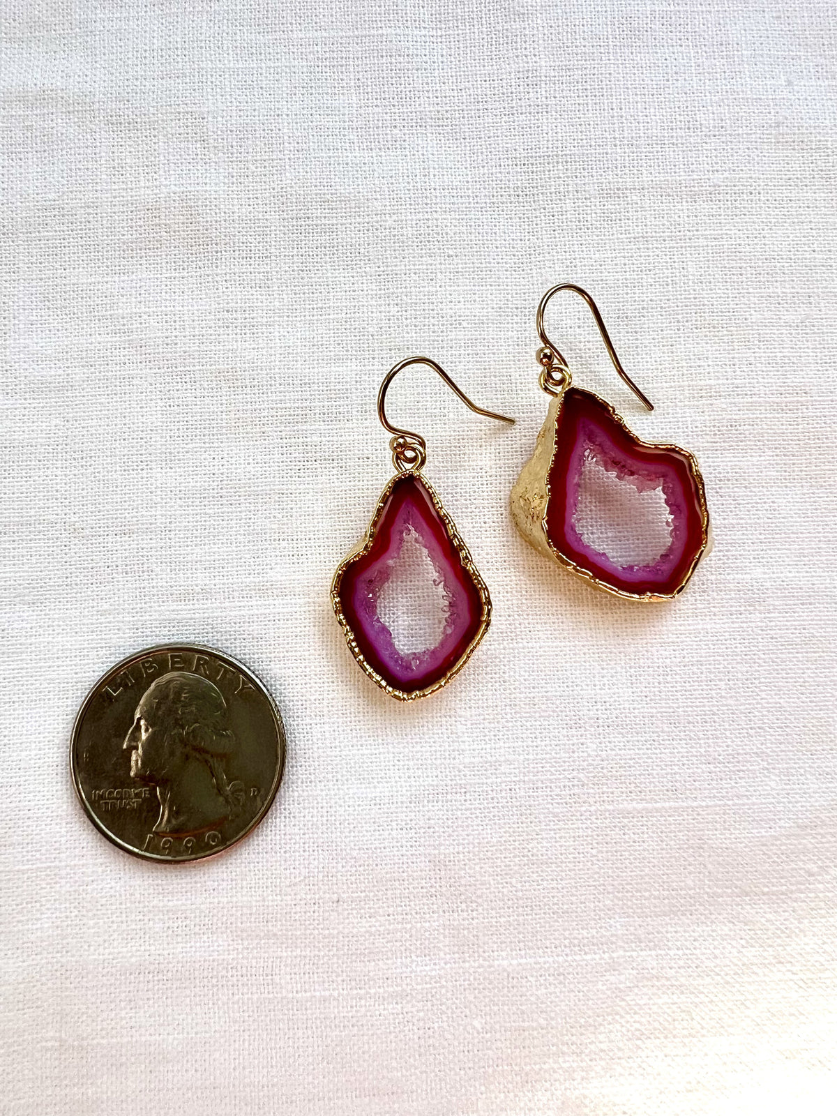 Pink Shakti Earrings, Agate Slice Geode Drops Edged in Gold