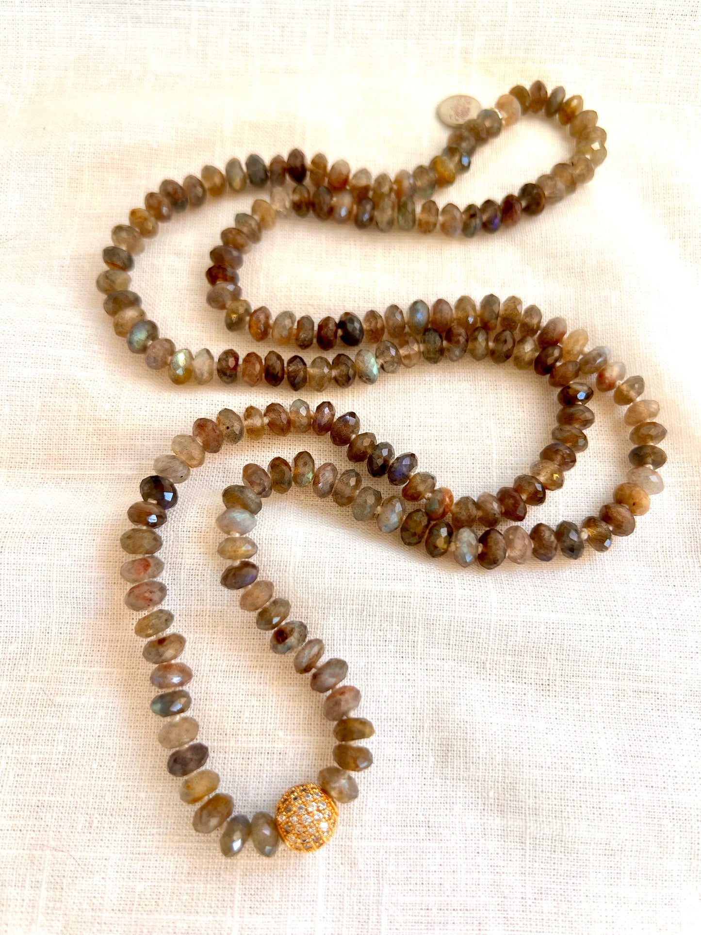 Emberlight Mala Necklace, Faceted Labradorite with Gold Plated Pave Guru Bead