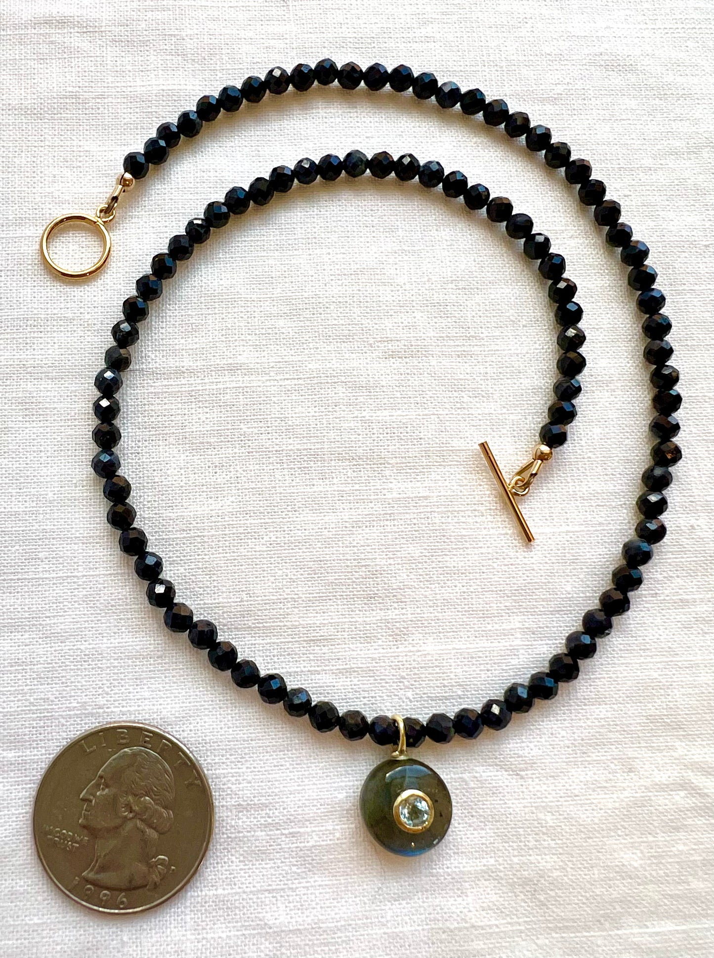 Blue sapphire and labradorite necklace with gold filled toggle clasp, one of a kind