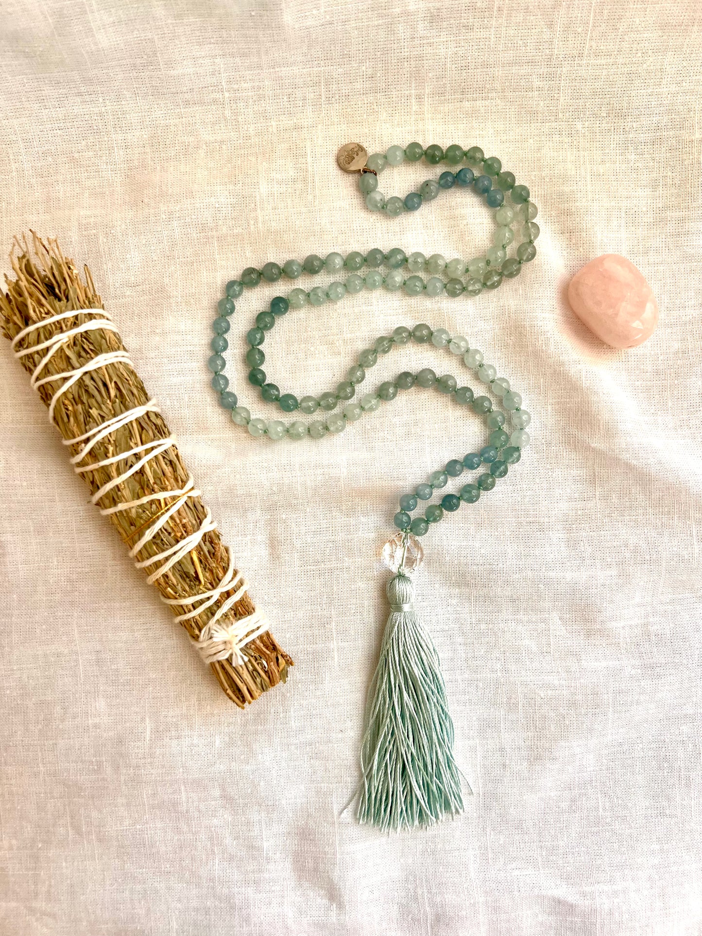 Ebb and Flow Mala, Natural Aquamarine, Faceted Quartz and Silk Tassel