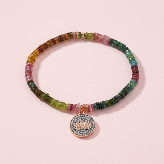 Rainbow Tourmaline Bracelet with Rose Gold Lotus Charm