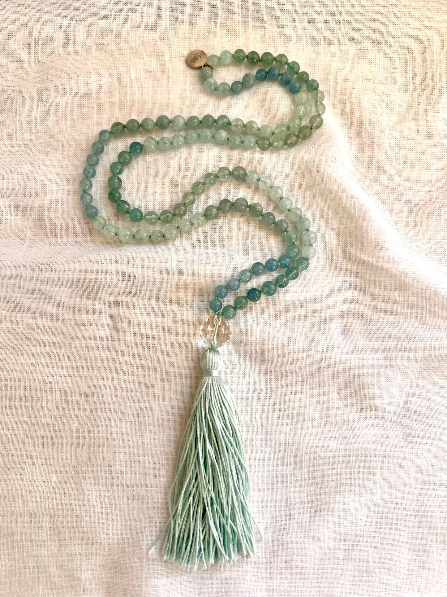 Ebb and Flow Mala, Natural Aquamarine, Faceted Quartz and Silk Tassel