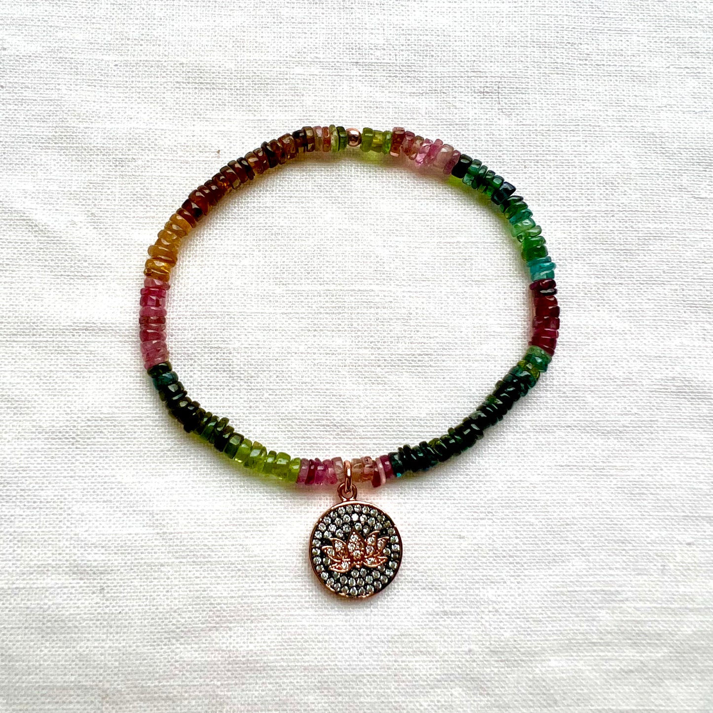 Rainbow Tourmaline Bracelet with Rose Gold Lotus Charm