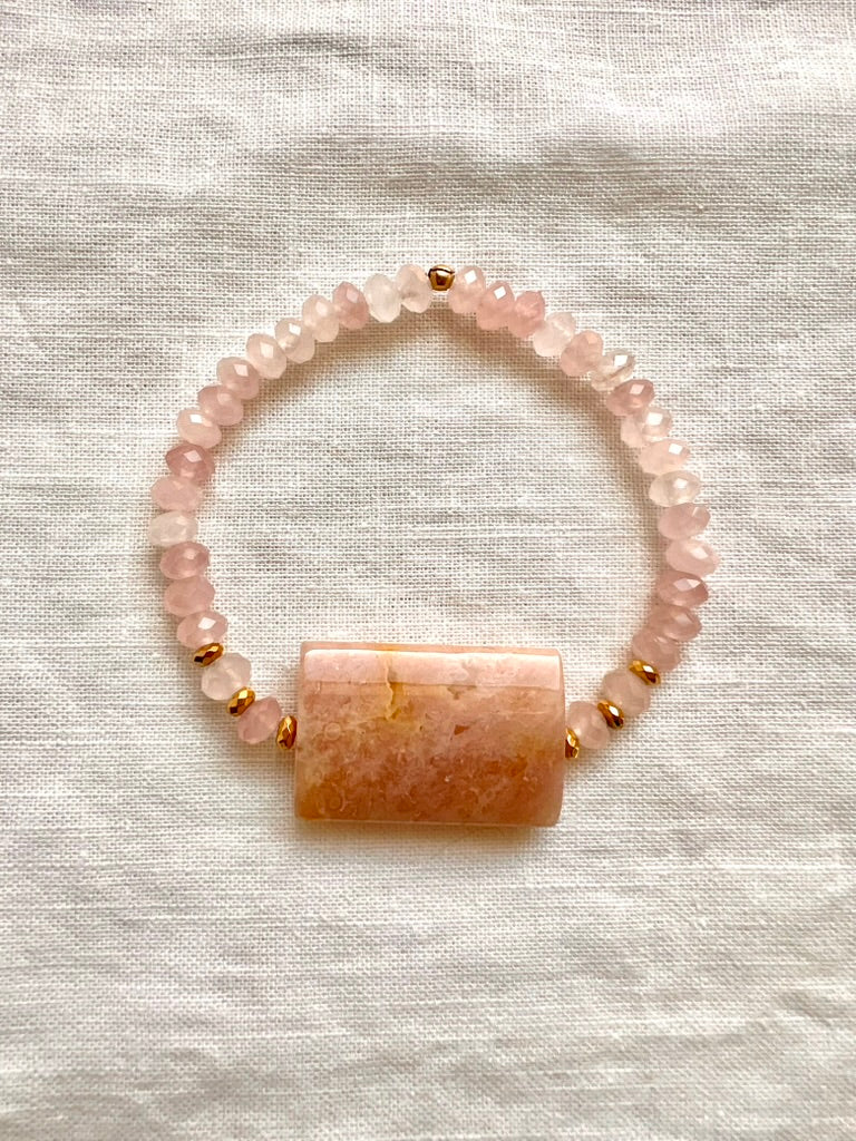 Cherry Blossom Agate and Rose Quartz Bracelet, Heart Chakra Stretch Bracelet
