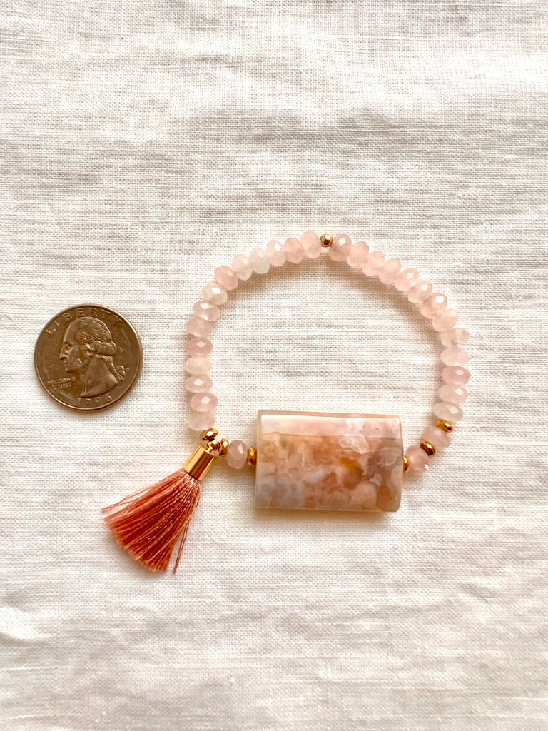 Cherry Blossom Agate and Rose Quartz Bracelet, Heart Chakra Stretch Bracelet