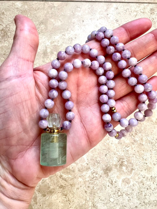 Mala Beads for Peace and Positivity, Lepidolite and Fluorite Miniature Perfume Bottle Pendant