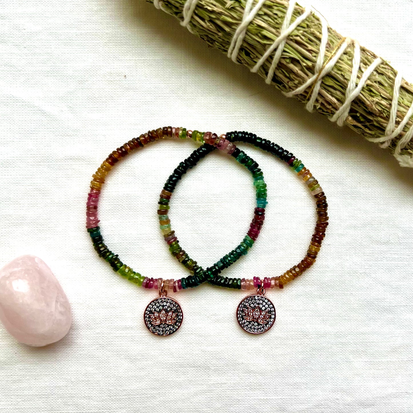 Rainbow Tourmaline Bracelet with Rose Gold Lotus Charm