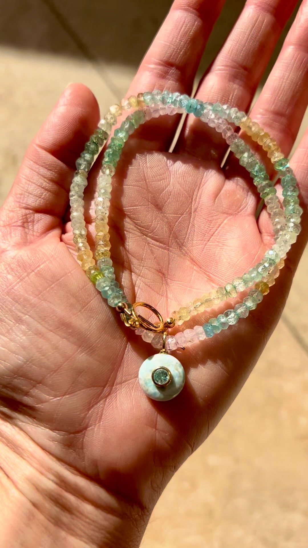 Larimar and multi beryl gemstone choker in soft aqua tones