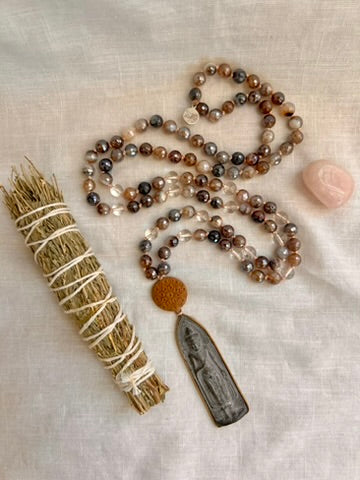 Wandering Monk Mala, Mystic Brown Agate and Quartz with Terracotta Diffuser Guru Bead