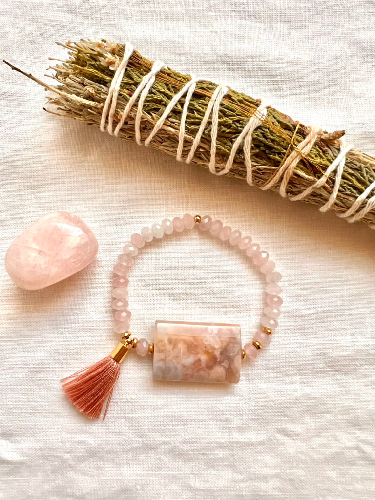 Cherry Blossom Agate and Rose Quartz Bracelet, Heart Chakra Stretch Bracelet