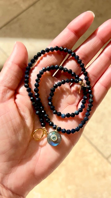 Gemstone choker of blue sapphire with labradorite and blue topaz pendant