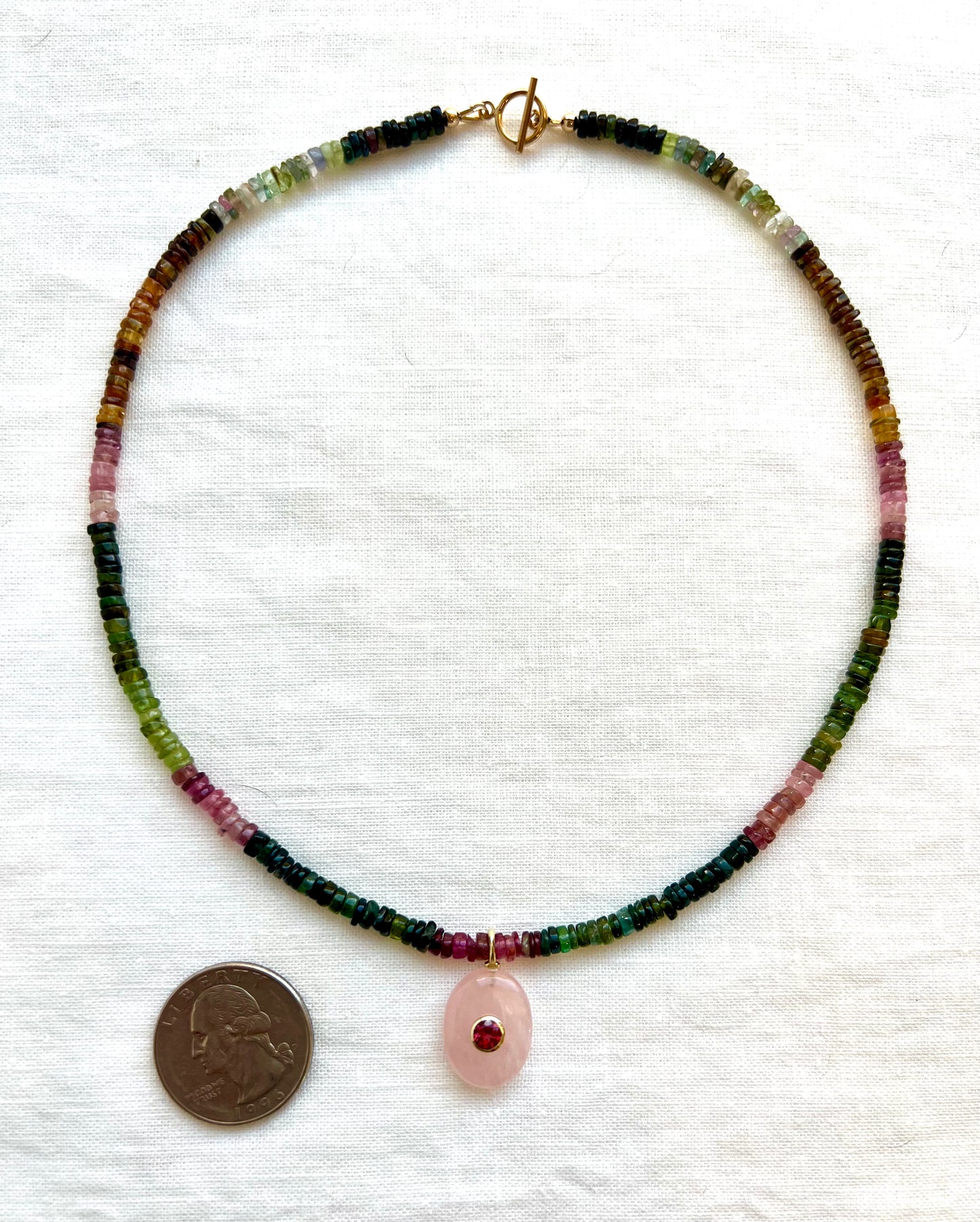 Full spectrum tourmaline choker with gold vermeil rose quartz pendant