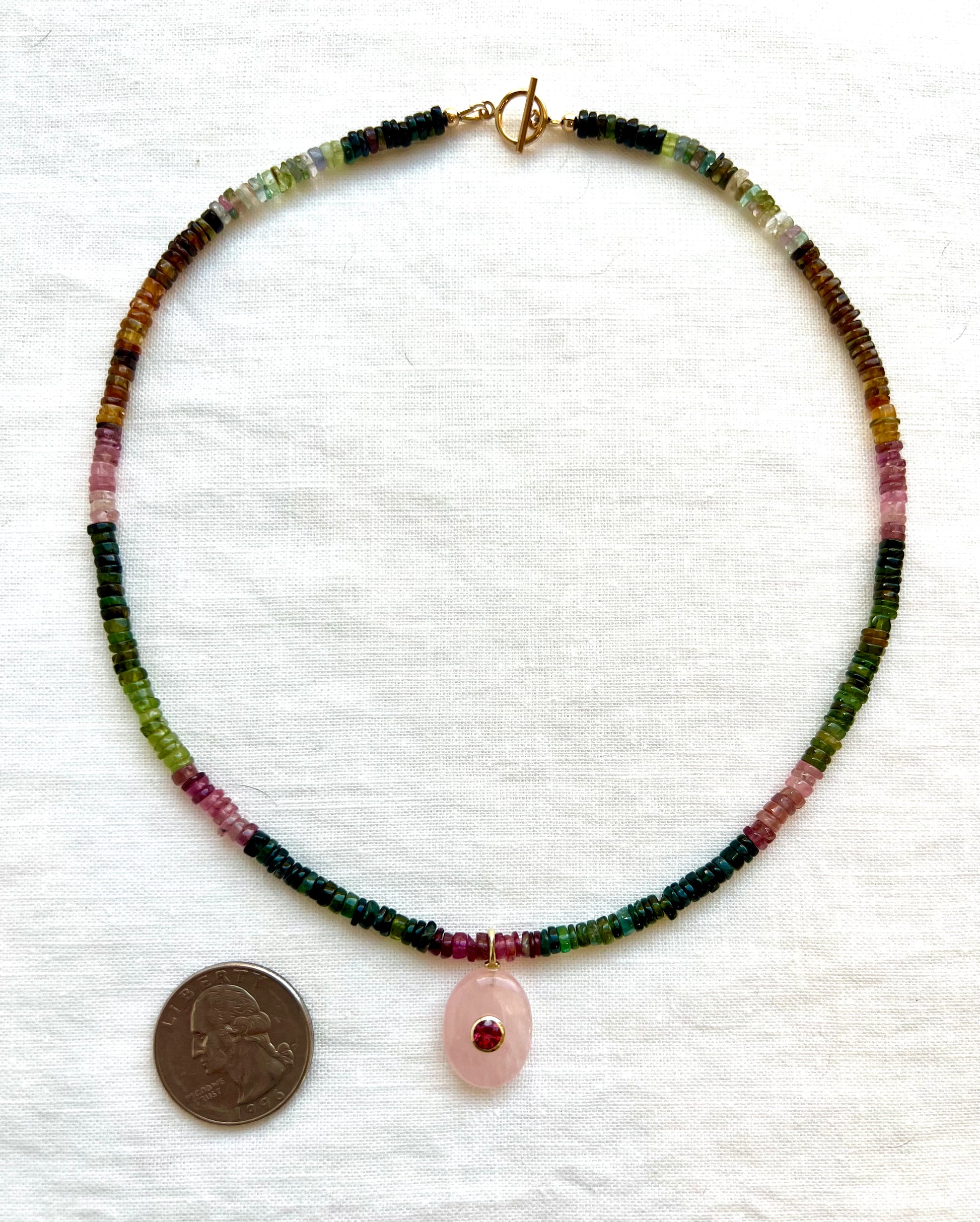 Full spectrum tourmaline choker with gold vermeil rose quartz pendant
