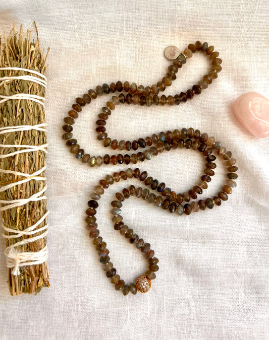 Emberlight Mala Necklace, Faceted Labradorite with Gold Plated Pave Guru Bead
