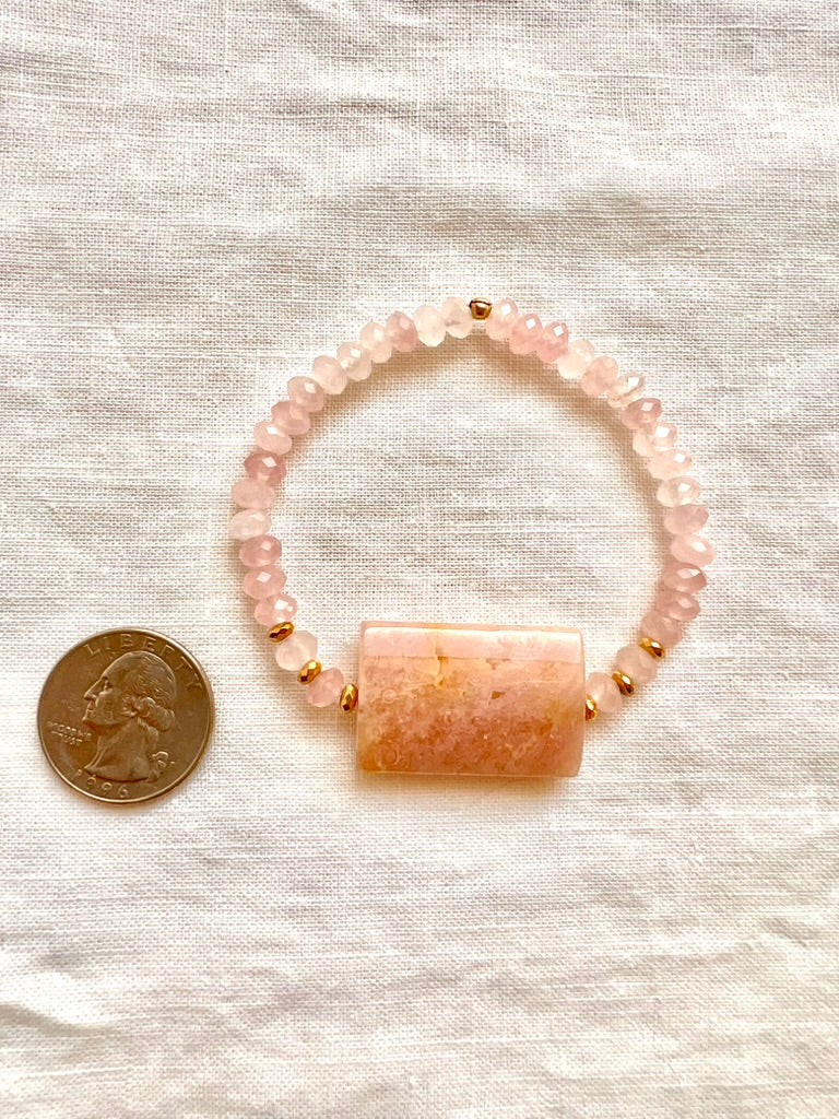 Cherry Blossom Agate and Rose Quartz Bracelet, Heart Chakra Stretch Bracelet