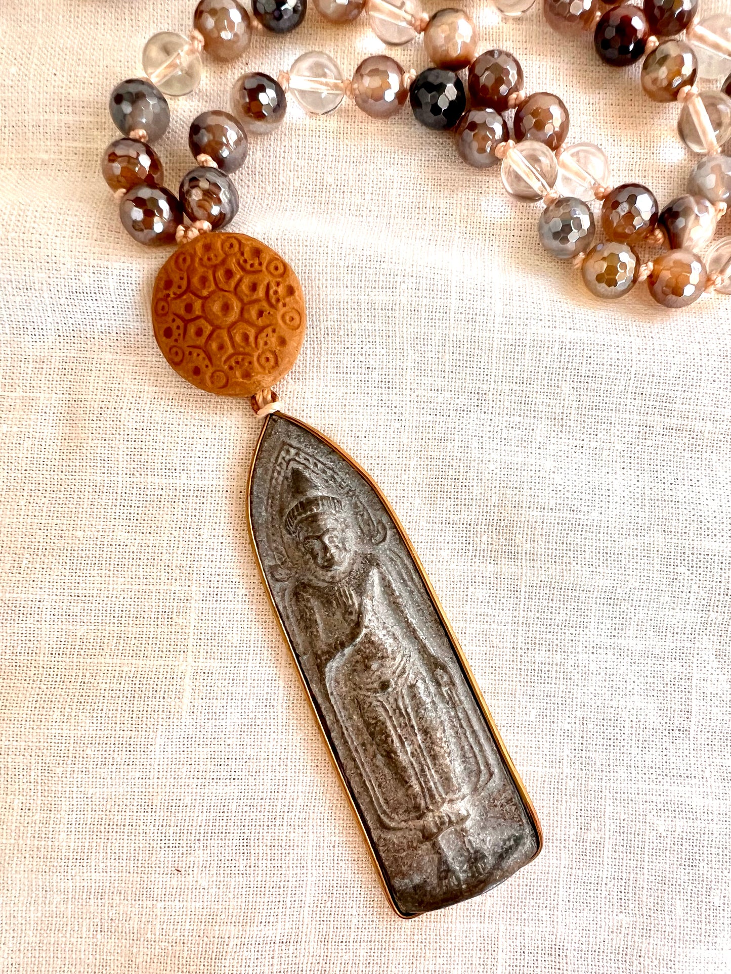Wandering Monk Mala, Mystic Brown Agate and Quartz with Terracotta Diffuser Guru Bead