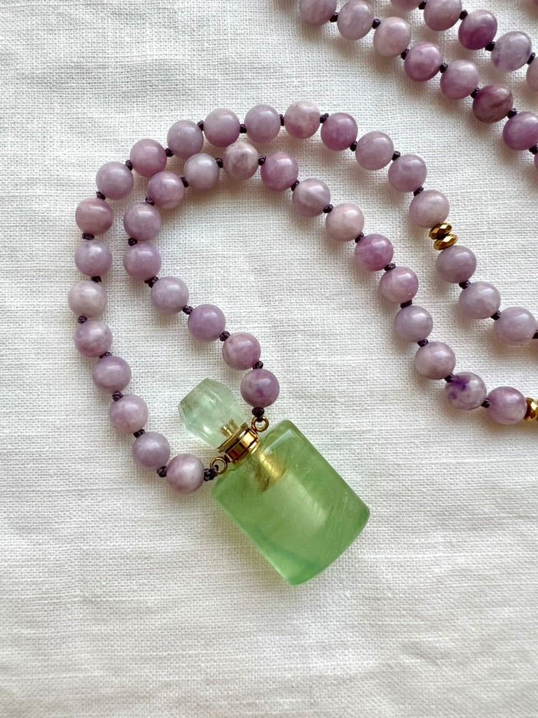 Mala Beads for Peace and Positivity, Lepidolite and Fluorite Miniature Perfume Bottle Pendant