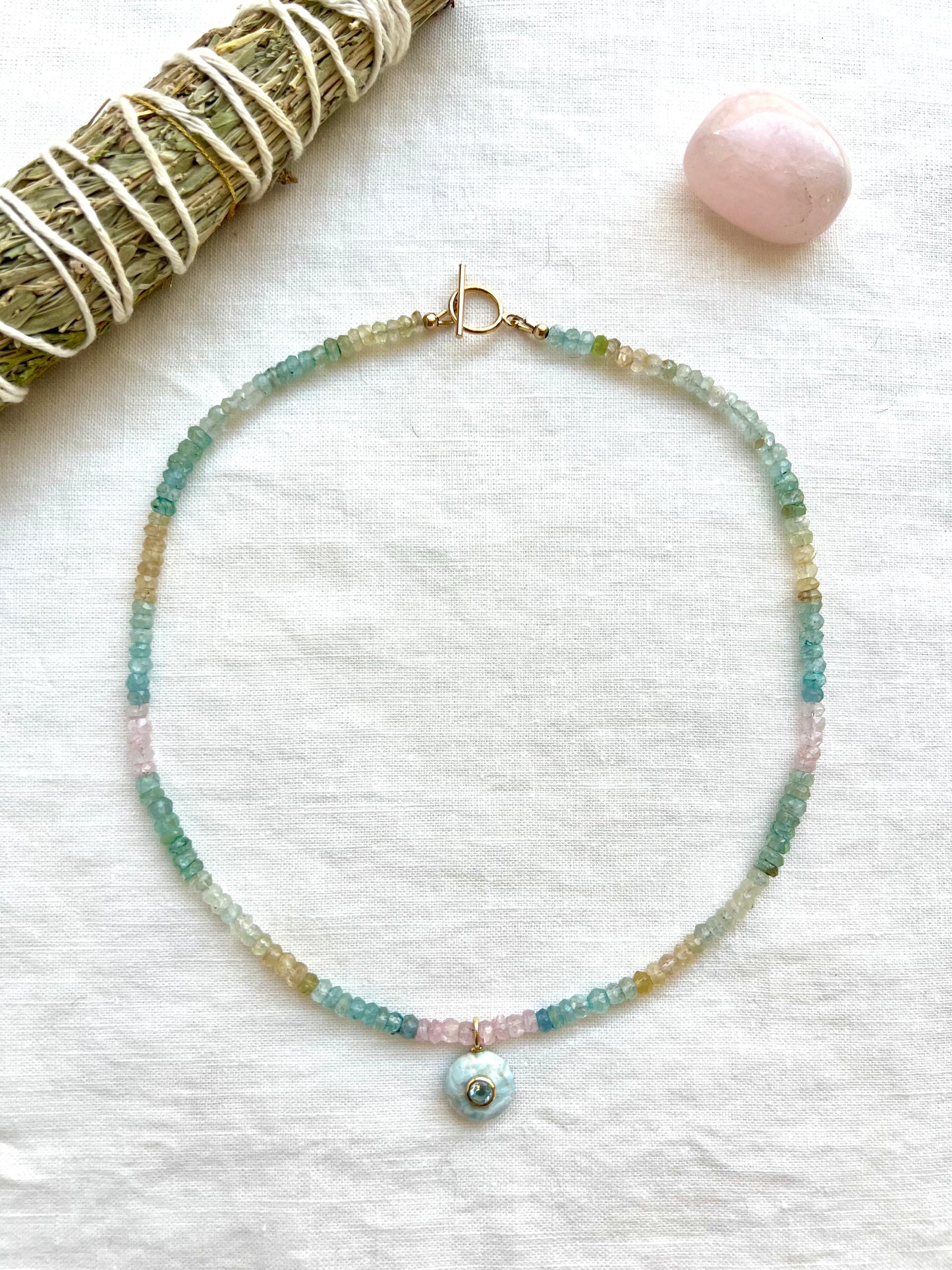 Larimar pendant necklace with morganite and green beryl beads, one of a kind