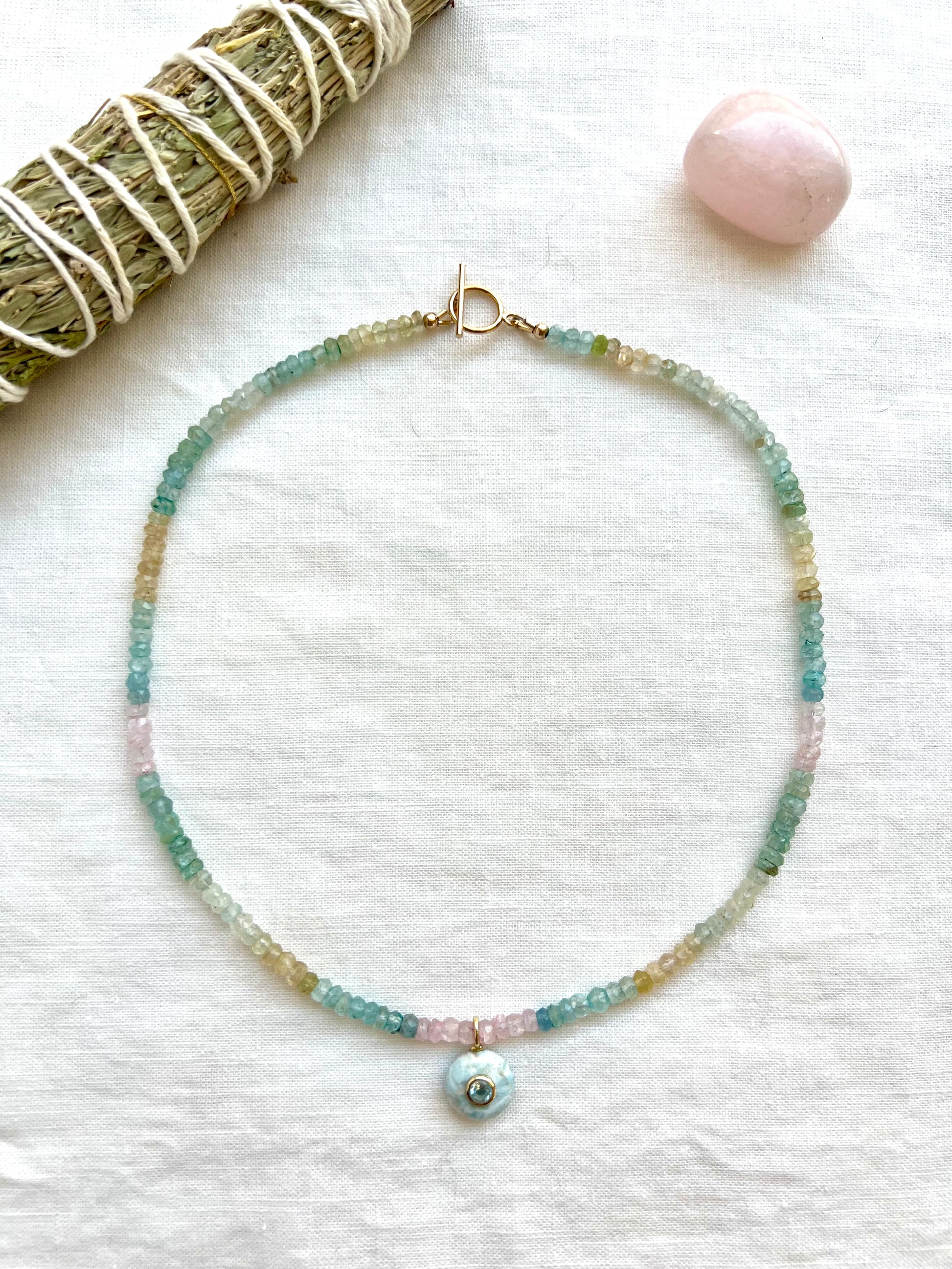 Larimar pendant necklace with morganite and green beryl beads, one of a kind