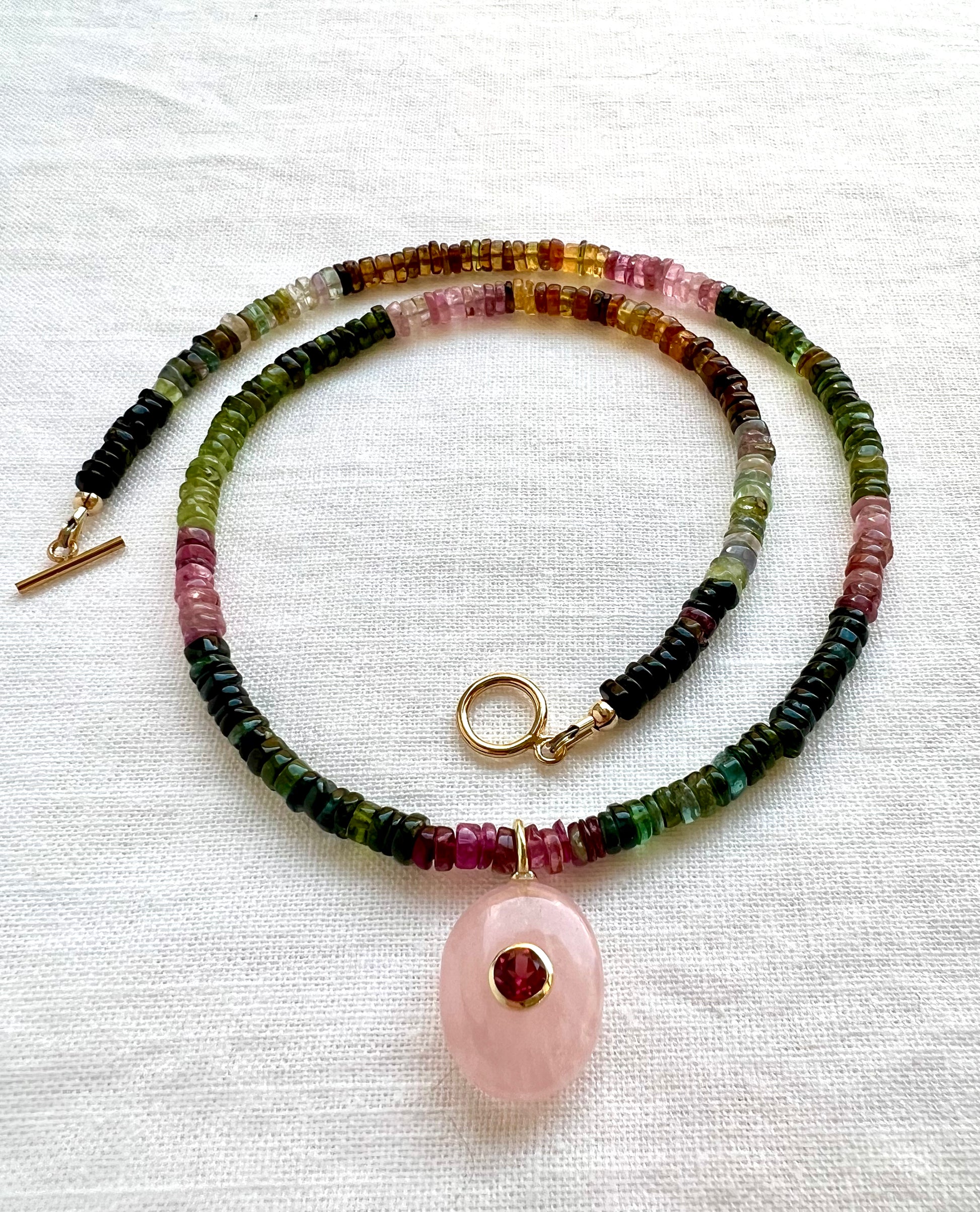 Ombre tourmaline necklace with a rose quartz pendant set in gold vermeil, handmade by Lulu Beads Studio
