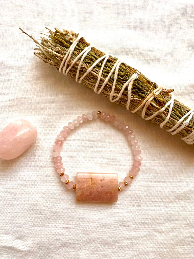 Cherry Blossom Agate and Rose Quartz Bracelet, Heart Chakra Stretch Bracelet