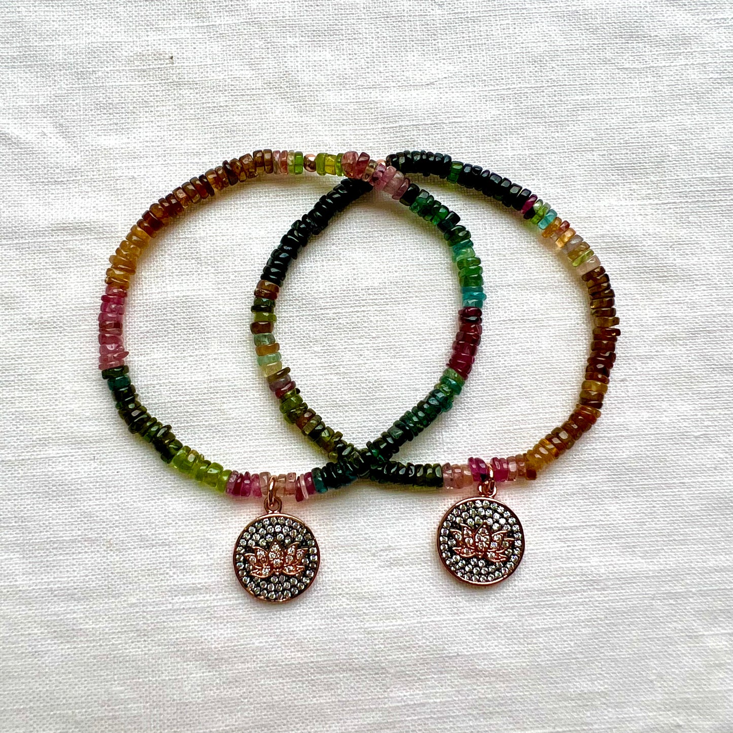 Rainbow Tourmaline Bracelet with Rose Gold Lotus Charm