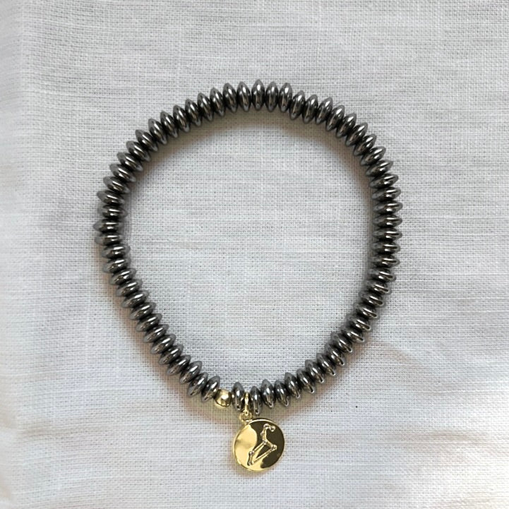 Zodiac Constellation Bracelet, Platinum Hematite with Gold Star Sign Charm