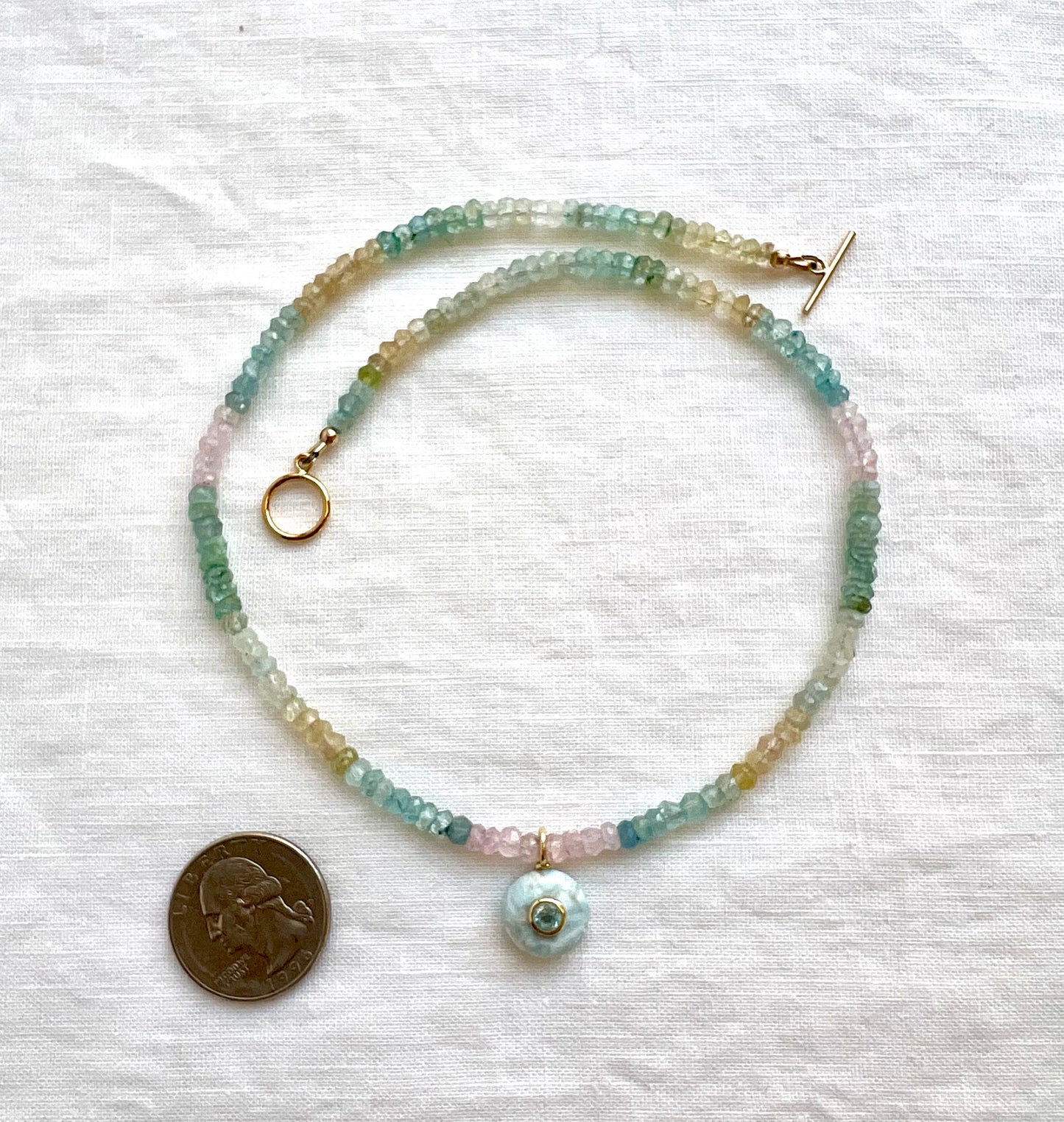 Faceted beryl rondelles in soft blue, pink and gold tones with a larimar drop