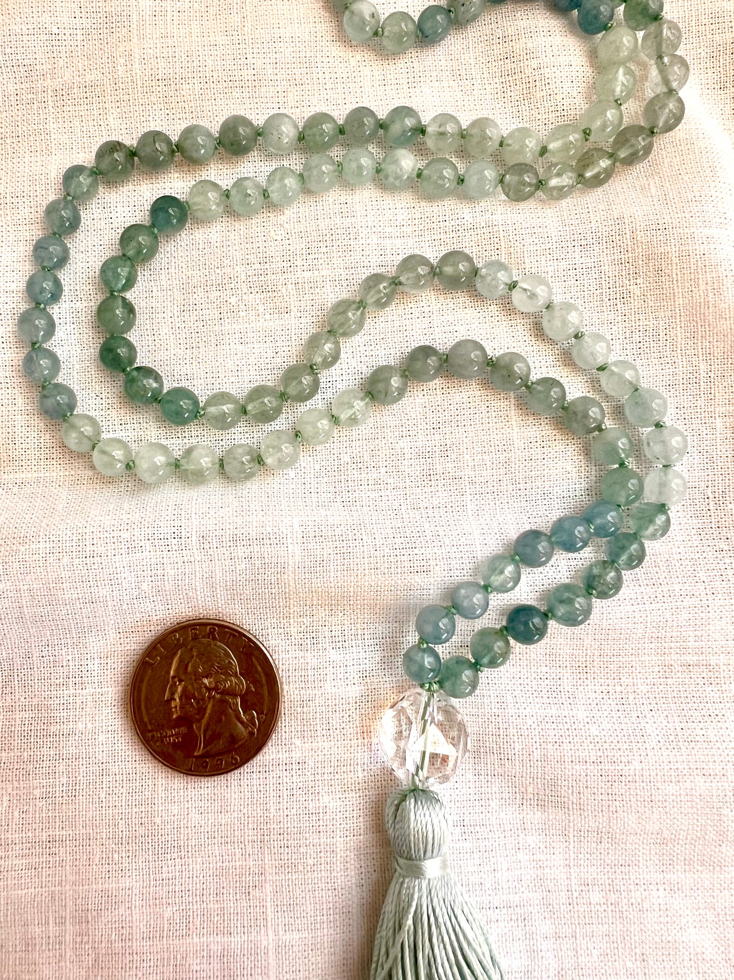 Ebb and Flow Mala, Natural Aquamarine, Faceted Quartz and Silk Tassel