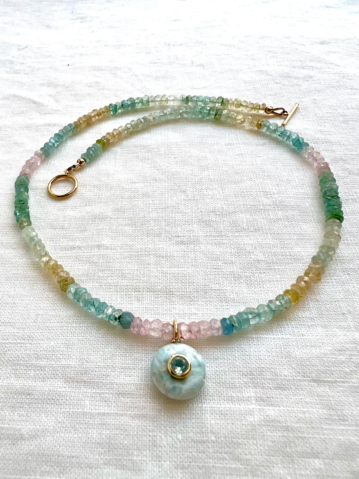 Pale blue larimar pendant necklace, 16 inches, with gold filled toggle clasp