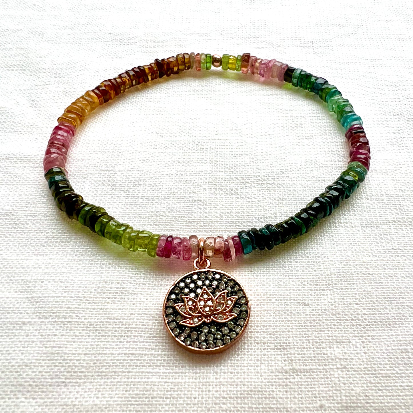Rainbow Tourmaline Bracelet with Rose Gold Lotus Charm