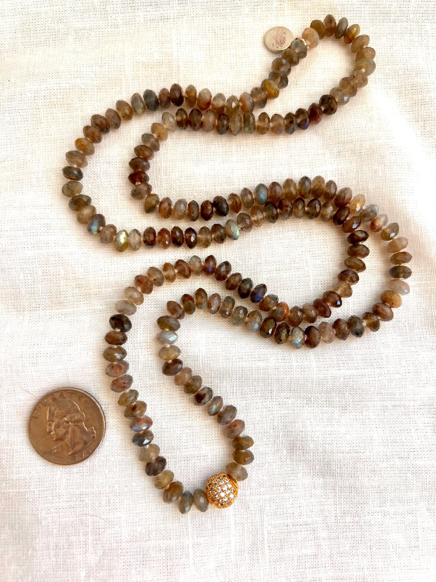 Emberlight Mala Necklace, Faceted Labradorite with Gold Plated Pave Guru Bead
