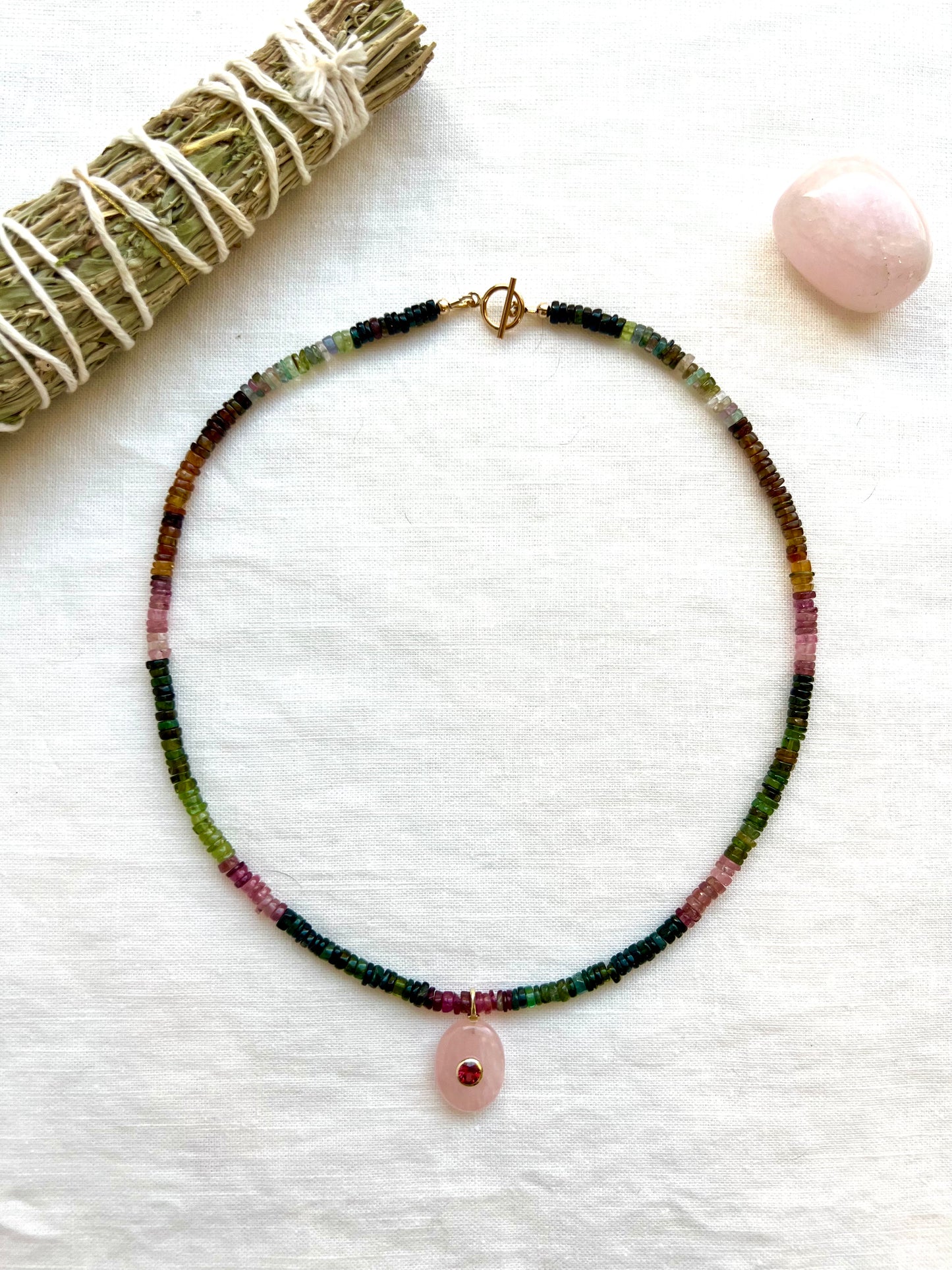 Tourmaline bead necklace with rose quartz and garnet pendant, one of a kind