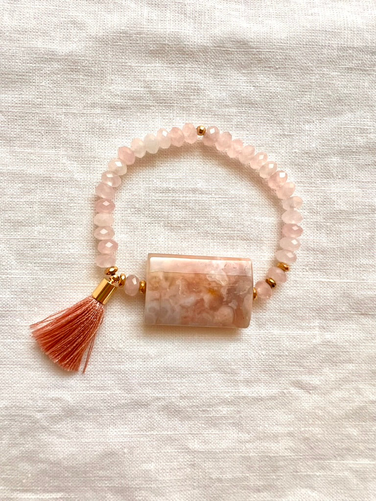 Cherry Blossom Agate and Rose Quartz Bracelet, Heart Chakra Stretch Bracelet