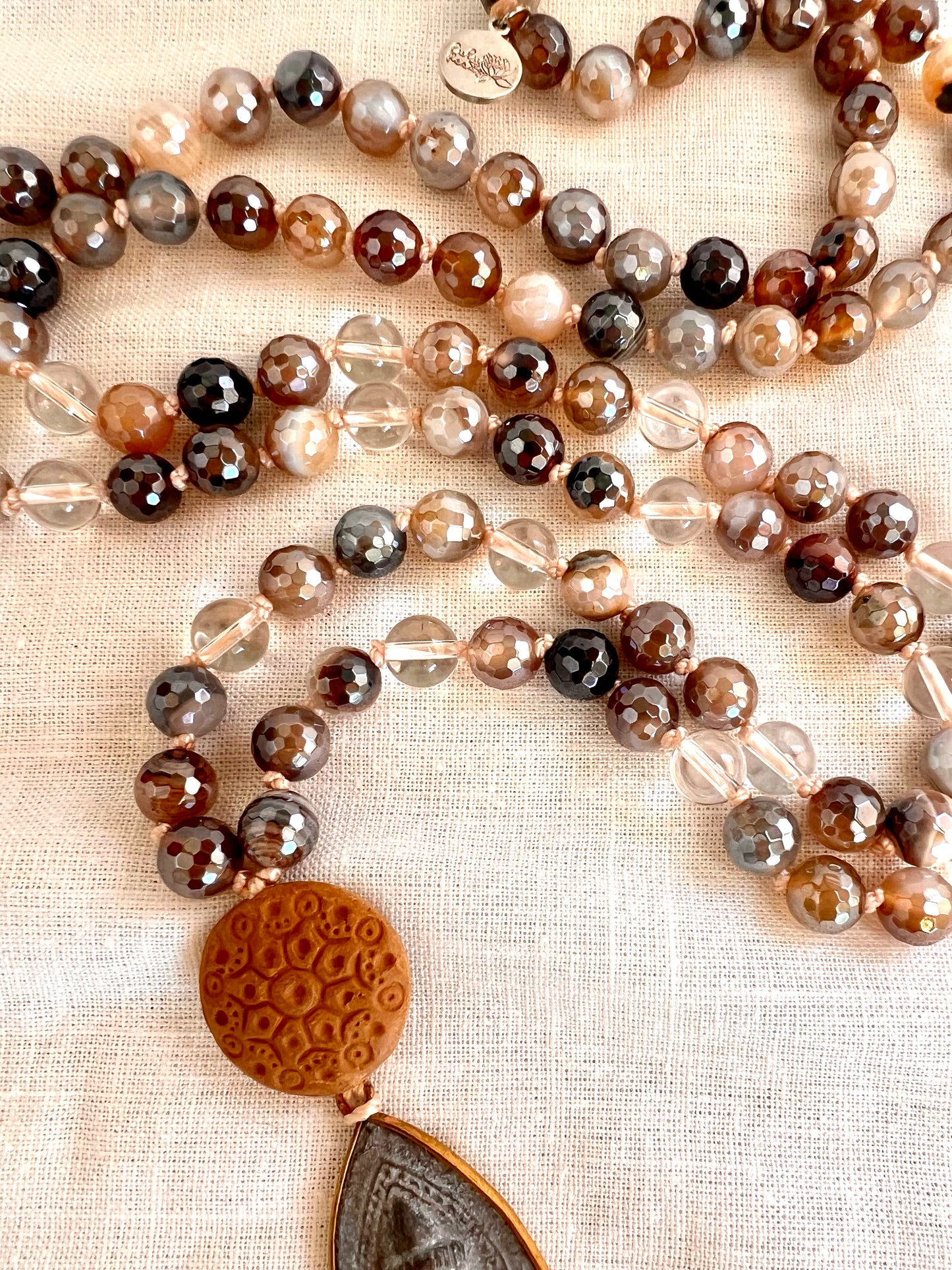 Wandering Monk Mala, Mystic Brown Agate and Quartz with Terracotta Diffuser Guru Bead
