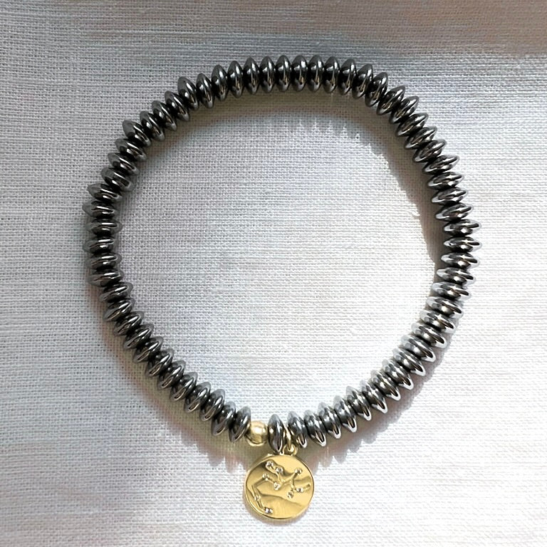 Zodiac Constellation Bracelet, Platinum Hematite with Gold Star Sign Charm