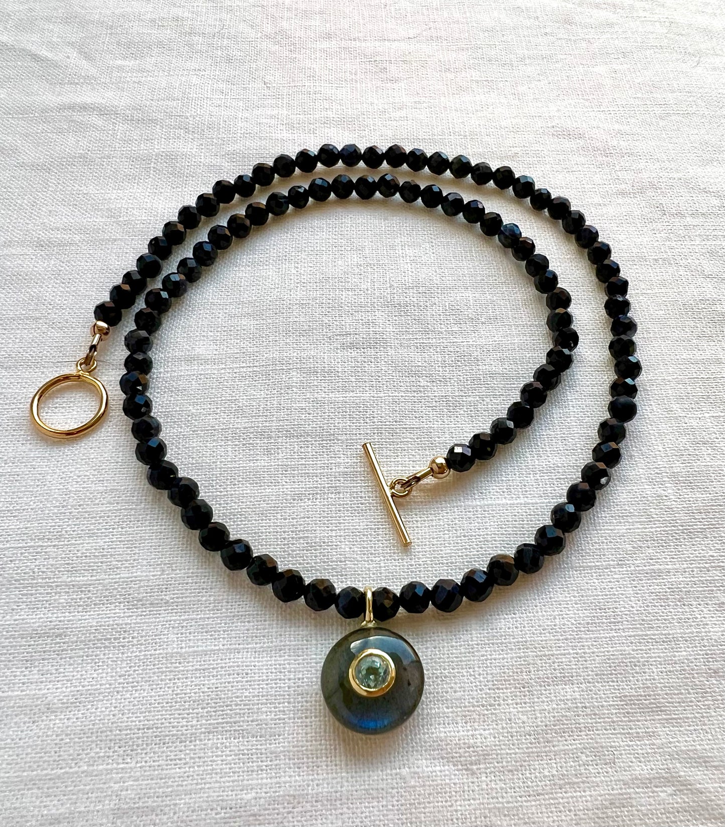 Blue sapphire beaded necklace with labradorite pendant and bezel set blue topaz, handmade by Lulu Beads Studio