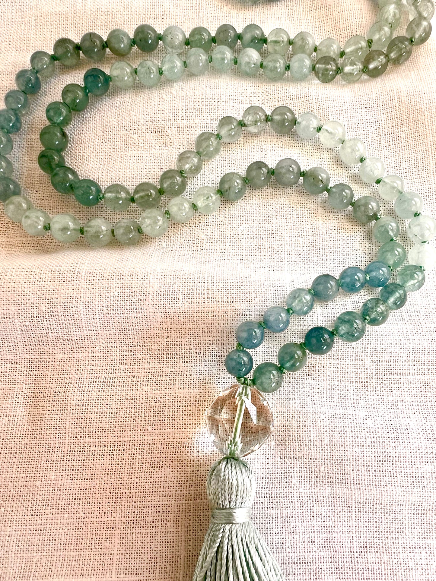 Ebb and Flow Mala, Natural Aquamarine, Faceted Quartz and Silk Tassel
