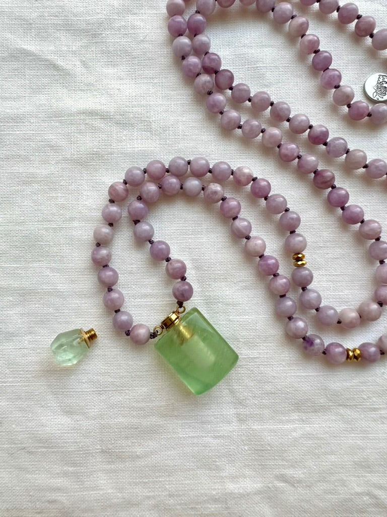 Mala Beads for Peace and Positivity, Lepidolite and Fluorite Miniature Perfume Bottle Pendant