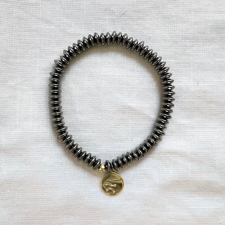 Zodiac Constellation Bracelet, Platinum Hematite with Gold Star Sign Charm